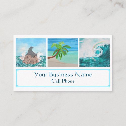 Tropical Beach Seal Palm Tree Ocean Wave Rainbow Business Card