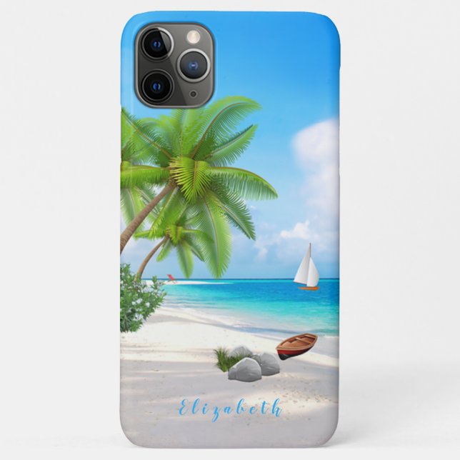 Tropical Beach Seascape Illustration Custom Name Case-Mate iPhone Case (Back)