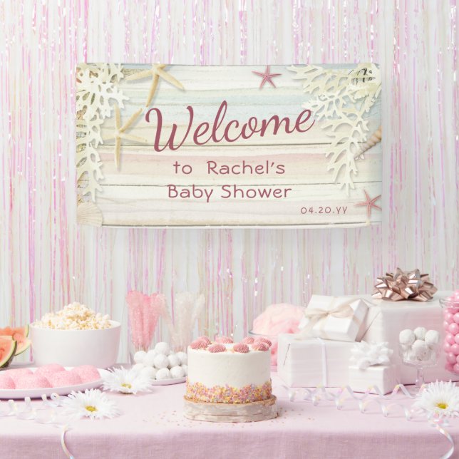 Tropical Beach Seashell Modern Boho Baby Shower Banner (Party)