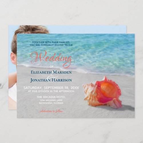 Tropical Beach Seashell Modern Photo Wedding Invitation