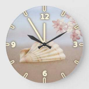 Tropical Beach, Seashell, Plumeria Large Clock