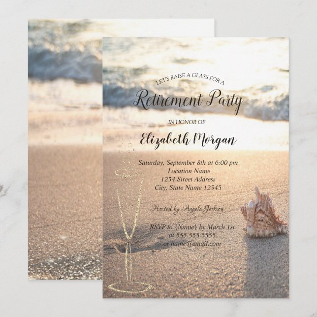 Tropical Beach Seashell Wine Glass Retirement Invitation (Front/Back)