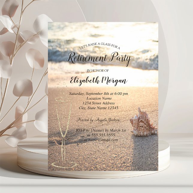 Tropical Beach Seashell Wine Glass Retirement Invitation (Creator Uploaded)