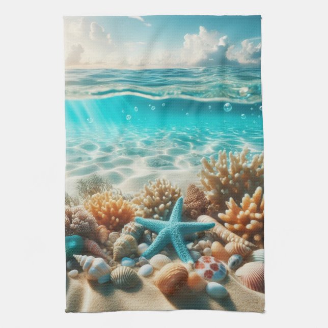 Tropical Beach Seashells And Starfish Kitchen Towel (Vertical)