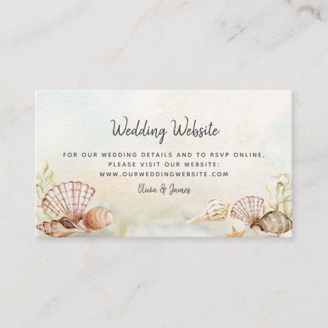 Tropical Beach Seashells Coastal Wedding Website Enclosure Card (Front)