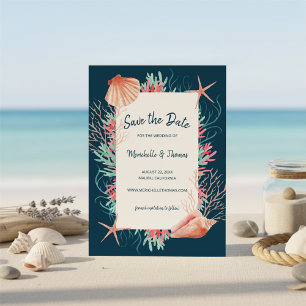 Tropical Beach Seashells & Coral Navy Wedding Save The Date