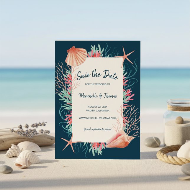 Tropical Beach Seashells & Coral Navy Wedding Save The Date (Creator Uploaded)