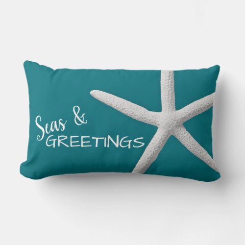 Tropical Beach Seasons Greetings Teal Christmas Lumbar Pillow