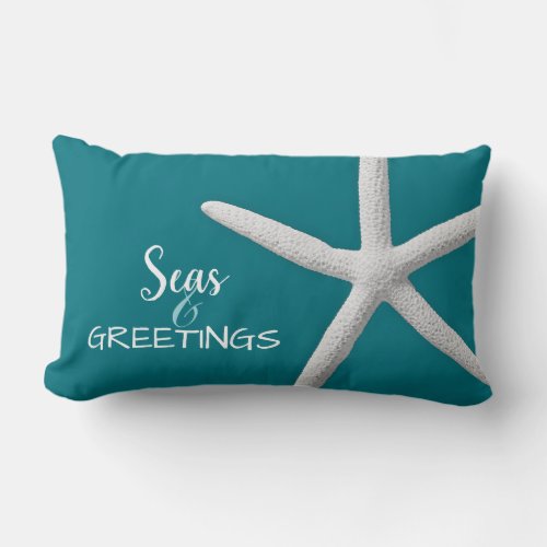 Tropical Beach Seasons Greetings Teal Christmas Lumbar Pillow