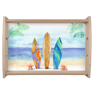 Tropical Beach Serving Tray with surf Boards