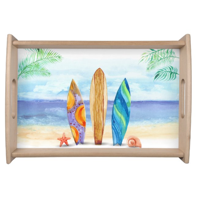 Tropical Beach Serving Tray with surf Boards (Front)