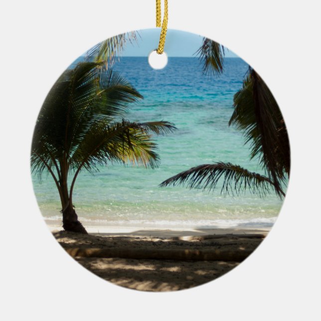 Tropical beach shaded by palms ceramic ornament (Front)