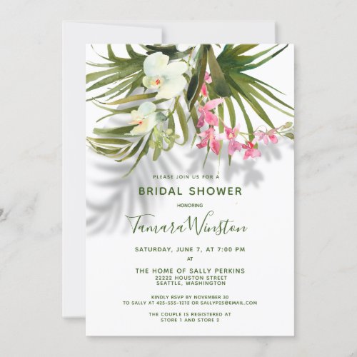 Tropical Beach Shadow Greenery Pink Floral Shower Invitation