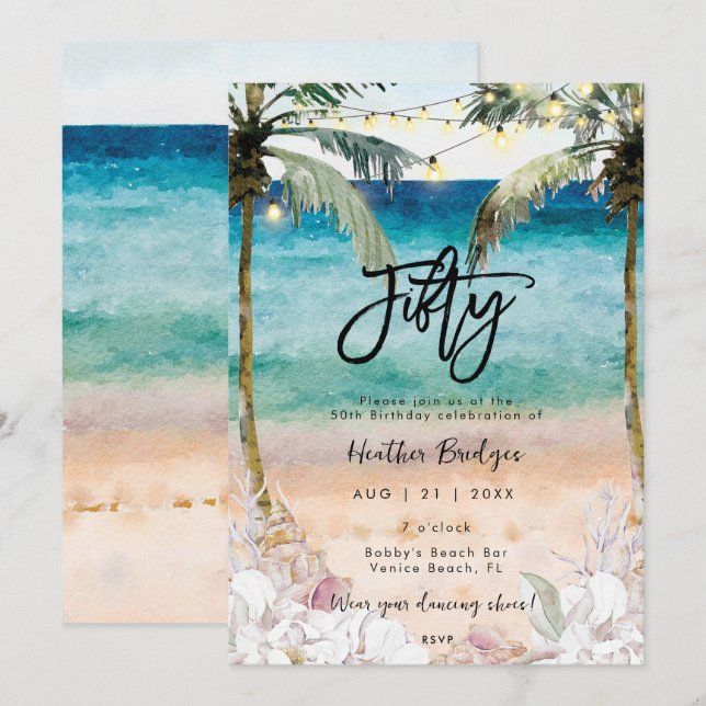 Tropical beach shells 50th birthday party invitation (Front/Back)