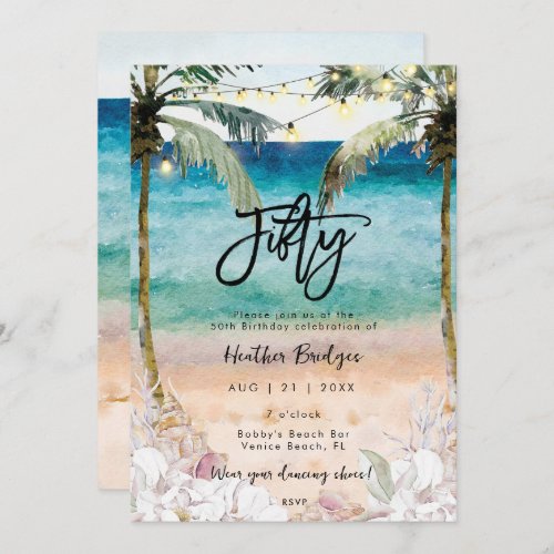 Tropical beach shells 50th birthday party invitation