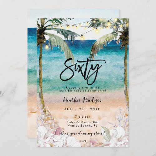 Tropical beach shells 60th birthday party invitation