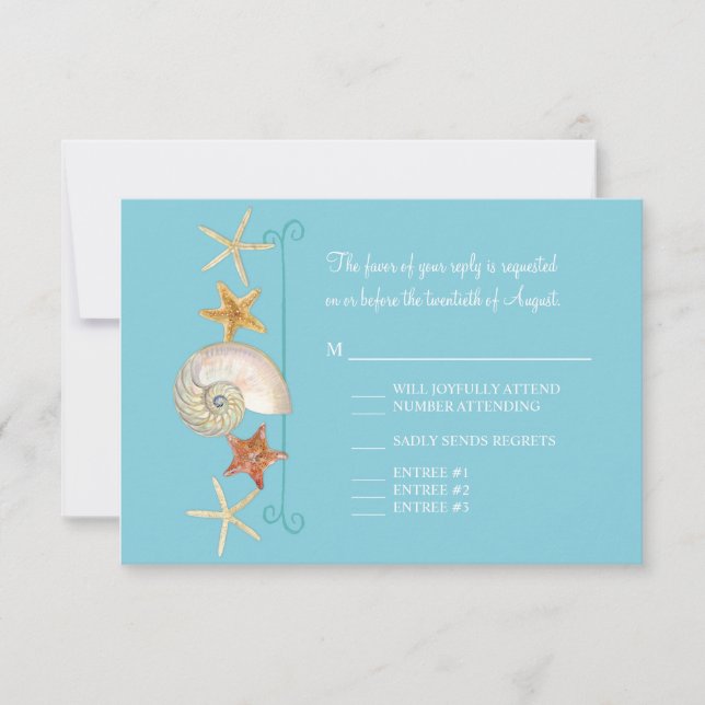 Tropical Beach Shells Starfish Nautilus Summer RSVP Card (Front)