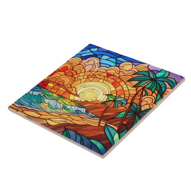 tropical beach Stained glass art Ceramic Tile (Side)