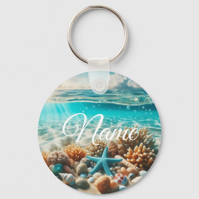 Tropical Beach Starfish Customizable Name Keychain (Front)