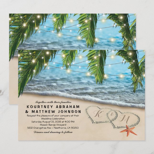 Tropical Beach Starfish Heart Shore Wedding Invitation (Front/Back)