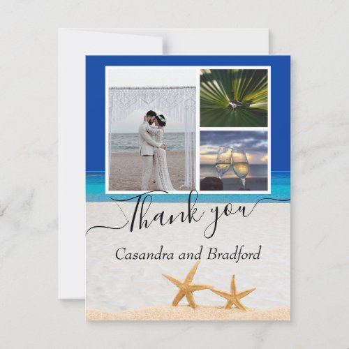 Tropical Beach Starfish in Sand Wedding  Dark Blue Thank You Card