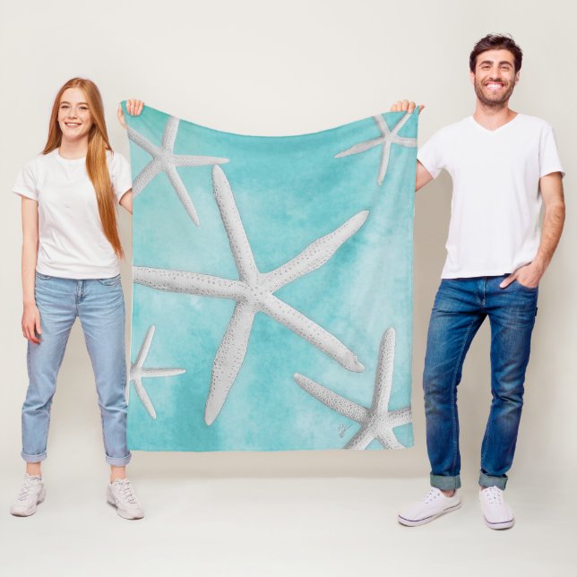 Tropical Beach Starfish Sea Turquoise Watercolor Fleece Blanket (In Situ)