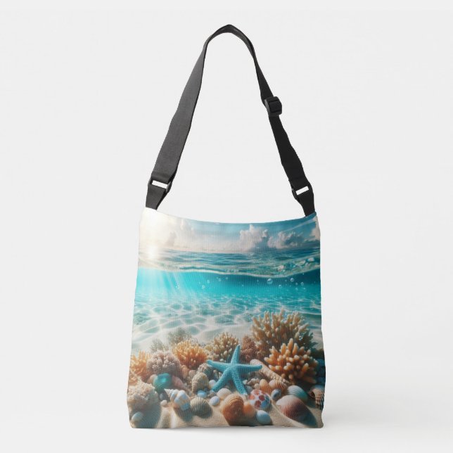 Tropical Beach Starfish Seashells Ocean Scene Crossbody Bag (Front)