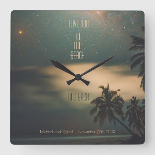 Tropical Beach Starry Night Love Quote with Names Square Wall Clock