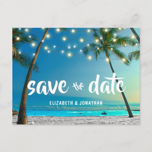 Tropical Beach String Lights Palm Trees Modern Announcement Postcard