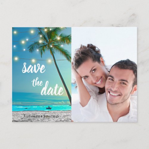 Tropical Beach String Lights Palms Save The Date Announcement Postcard
