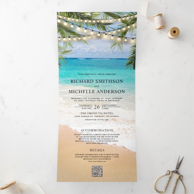 Tropical Beach String Lights QR Code Wedding Tri-Fold Invitation (Inside)
