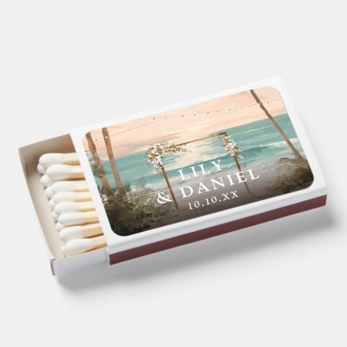 Tropical Beach String Lights Wedding Favor Matchboxes