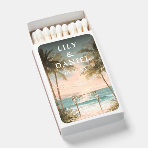 Tropical Beach String Lights Wedding Favor Matchboxes