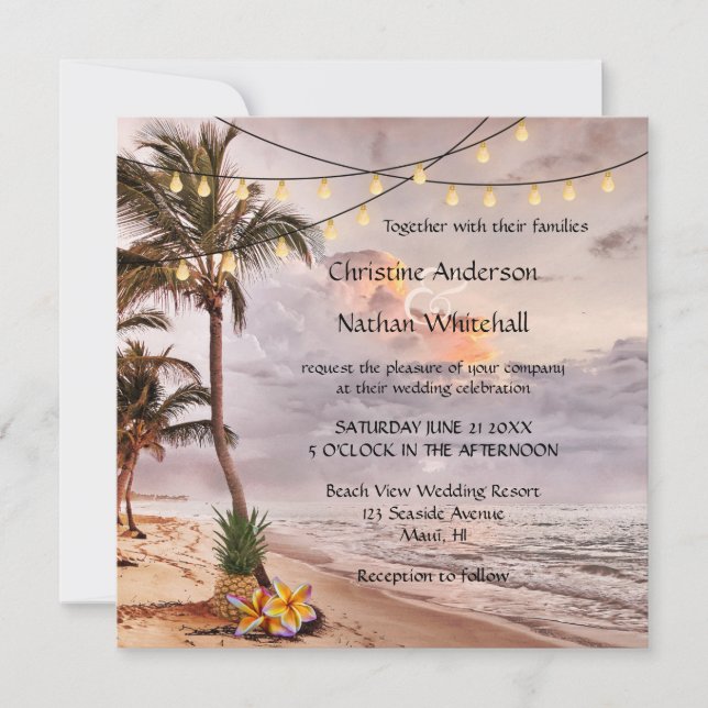 Tropical Beach String Lights Wedding Invitation (Front)