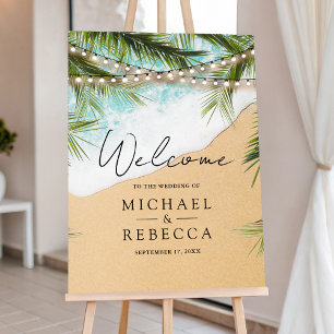 Tropical Beach Strings Lights Wedding Welcome Sign