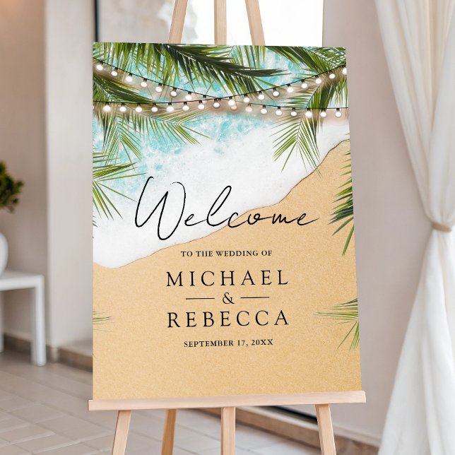 Tropical Beach Strings Lights Wedding Welcome Sign (Creator Uploaded)