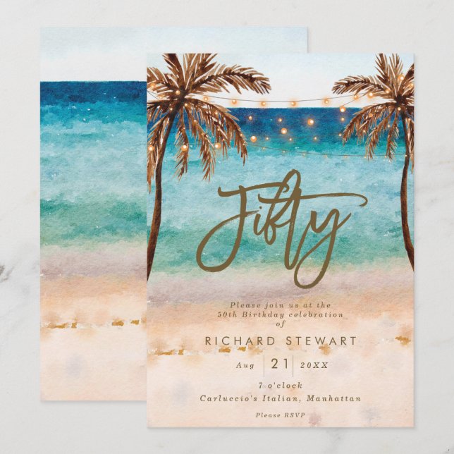 tropical beach summer 50th birthday party invitation (Front/Back)