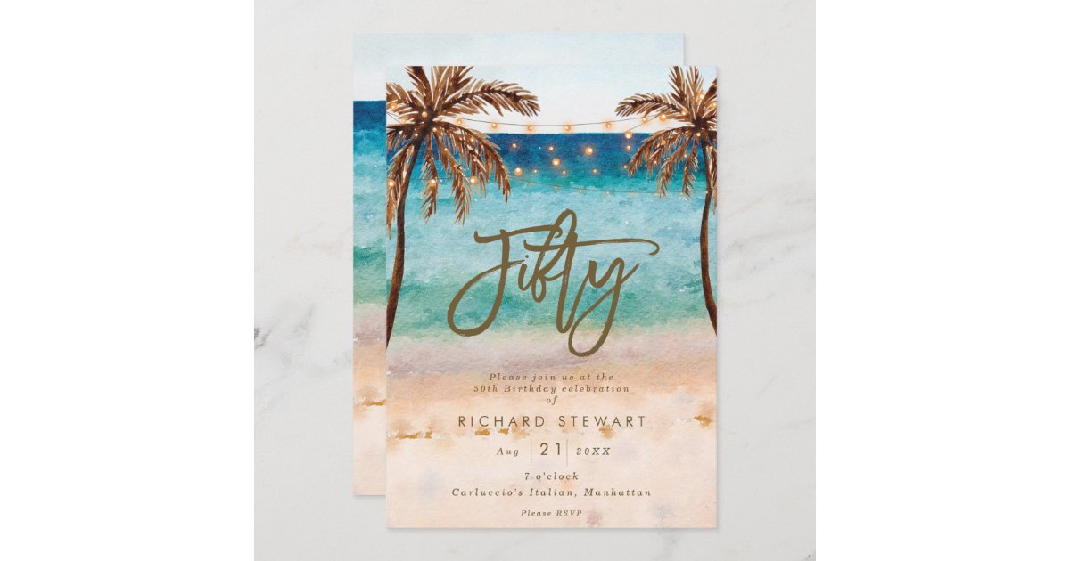 tropical beach summer 50th birthday party invitation