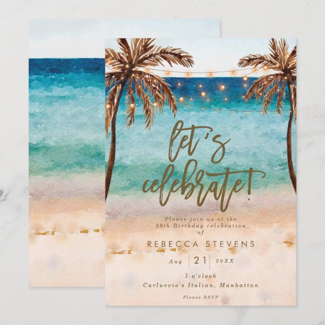 tropical beach summer let's celebrate birthday invitation (Front/Back)