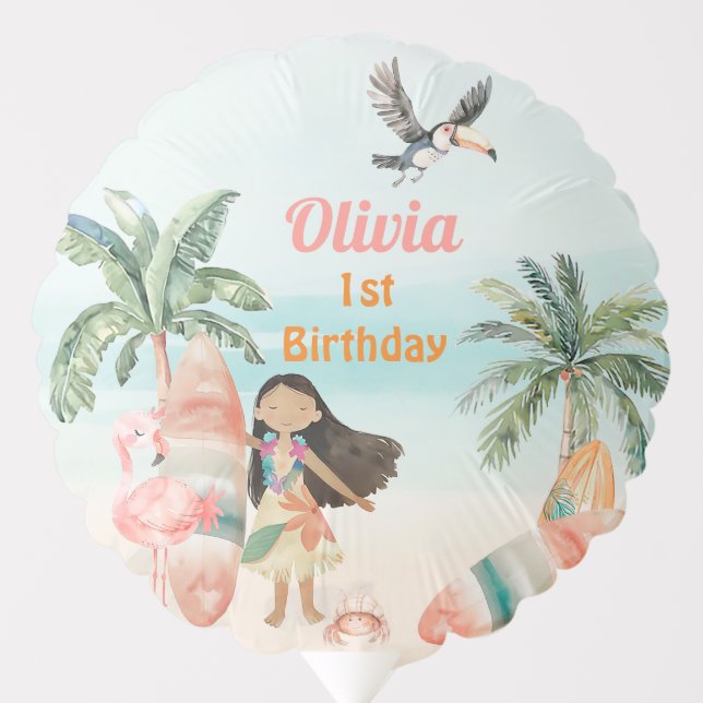 Tropical Beach Summer Surf Sea 1st Birthday Girl  Balloon (Front)