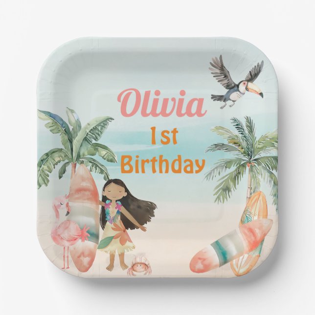 Tropical Beach Summer Surf Sea 1st Birthday Girl Paper Plates (Front)