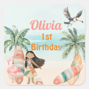 Tropical Beach Summer Surf Sea 1st Birthday Girl Square Sticker