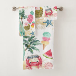Tropical Beach Summer Surf Seashells Palm Trees Bath Towel Set