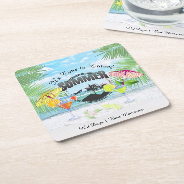 Tropical Beach, Summer Vacation | Personalized Square Paper Coaster (Angled)