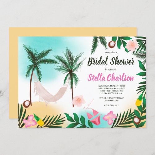 Tropical beach summer watercolor bridal shower invitation