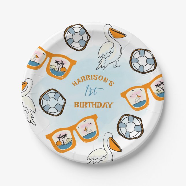 Tropical Beach Sunglasses Boy Birthday Paper Plates (Front)