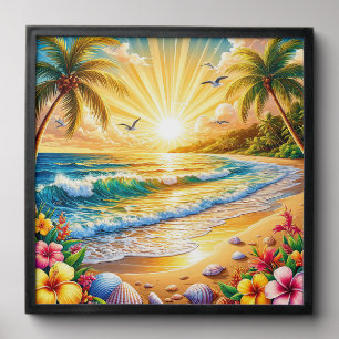 Tropical Beach Sunrise with Palm Trees, Waves Peel And Stick Photo Tile