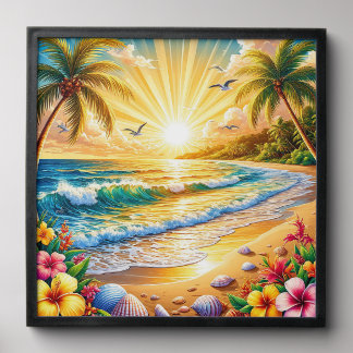 Tropical Beach Sunrise with Palm Trees, Waves Peel And Stick Photo Tile