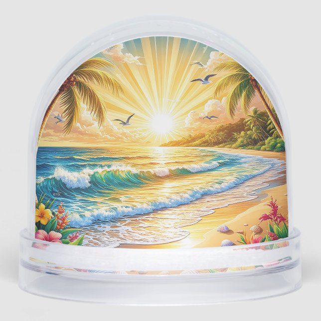 Tropical Beach Sunrise with Palm Trees, Waves Snow Globe (Front)