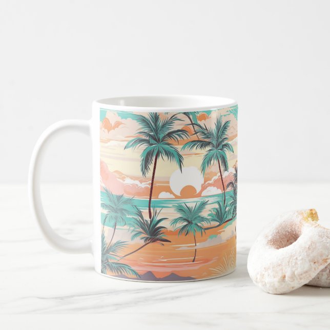Tropical Beach Sunset Coffee Mug (With Donut)